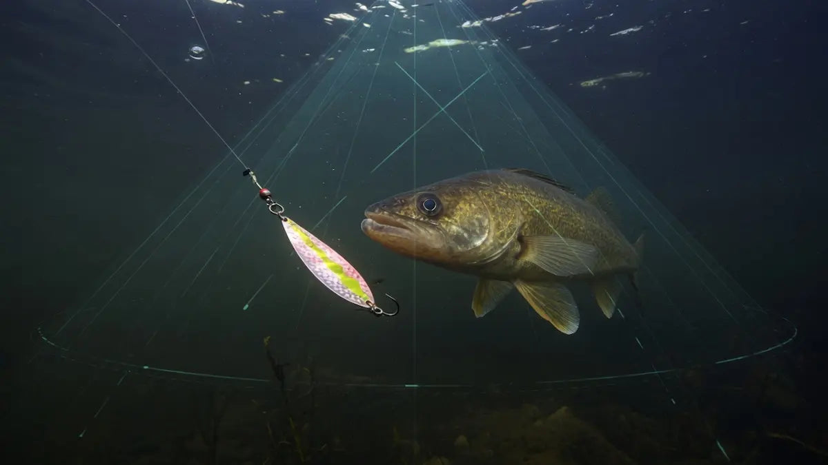 Underwater view of a walleye approaching a jigging spoon with sonar cone lines overlaid, illustrating Humminbird MEGA Live 2 forward-facing sonar