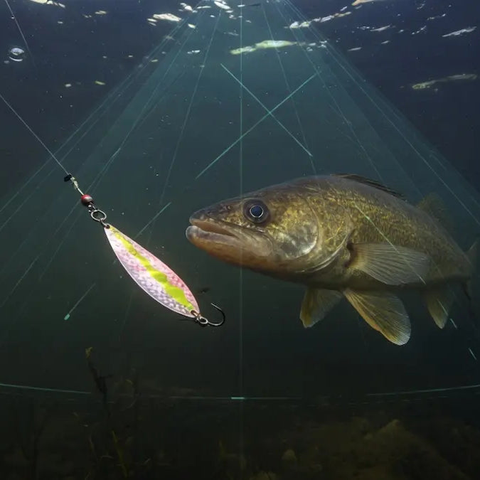 Underwater view of a walleye approaching a jigging spoon with sonar cone lines overlaid, illustrating Humminbird MEGA Live 2 forward-facing sonar
